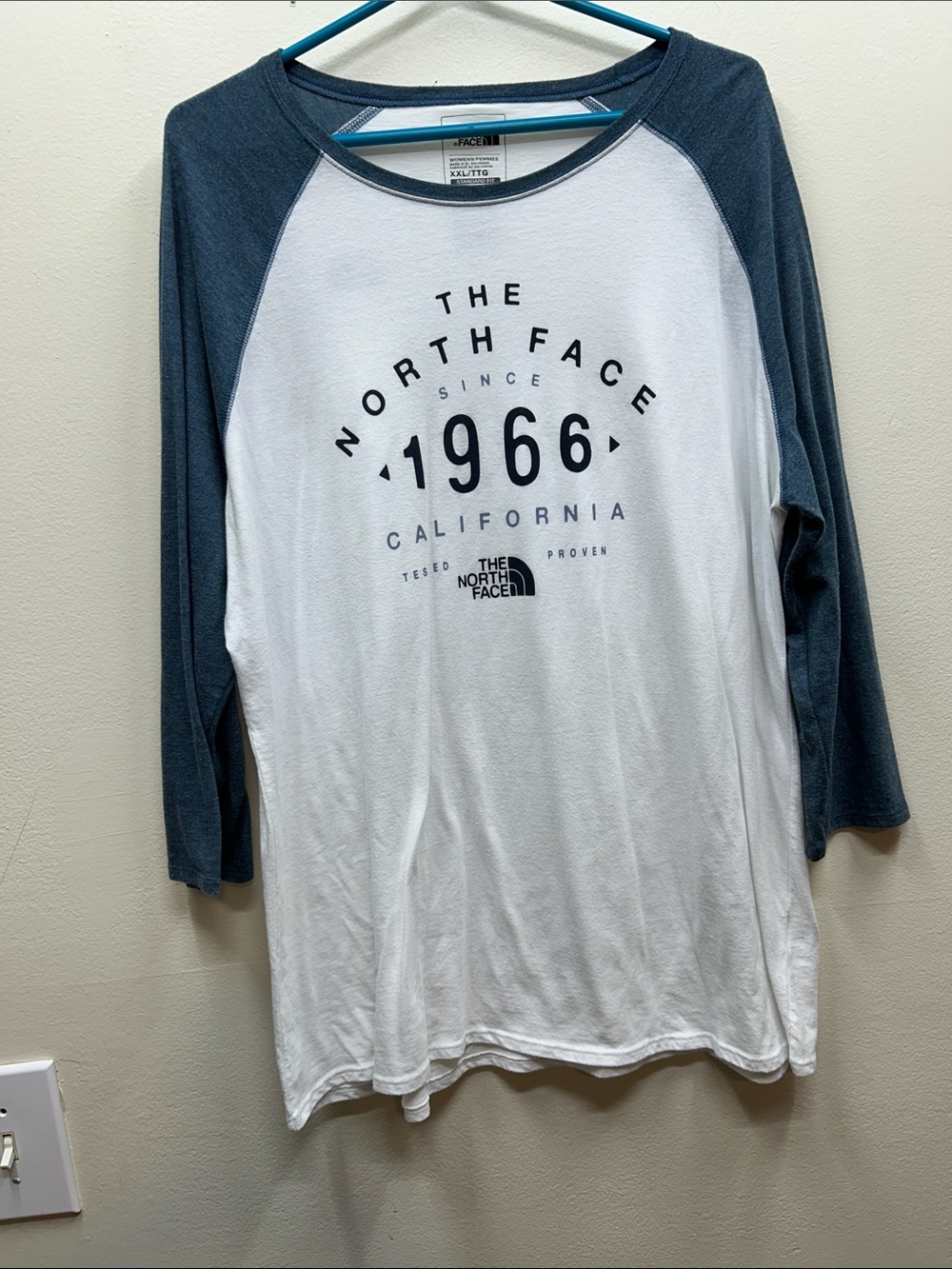 The North Face White and Dark Blue Raglan Long Sleeve Tee
